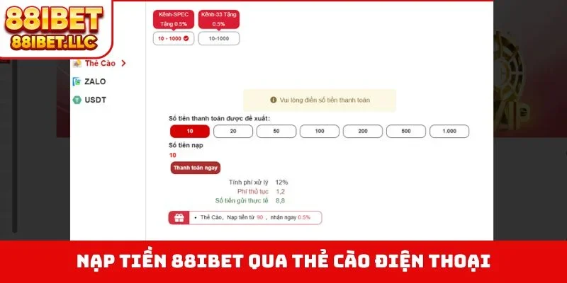 Nạp tiền 88ibet 3 Nạp tiền 88IBET qua thẻ cào điện thoại